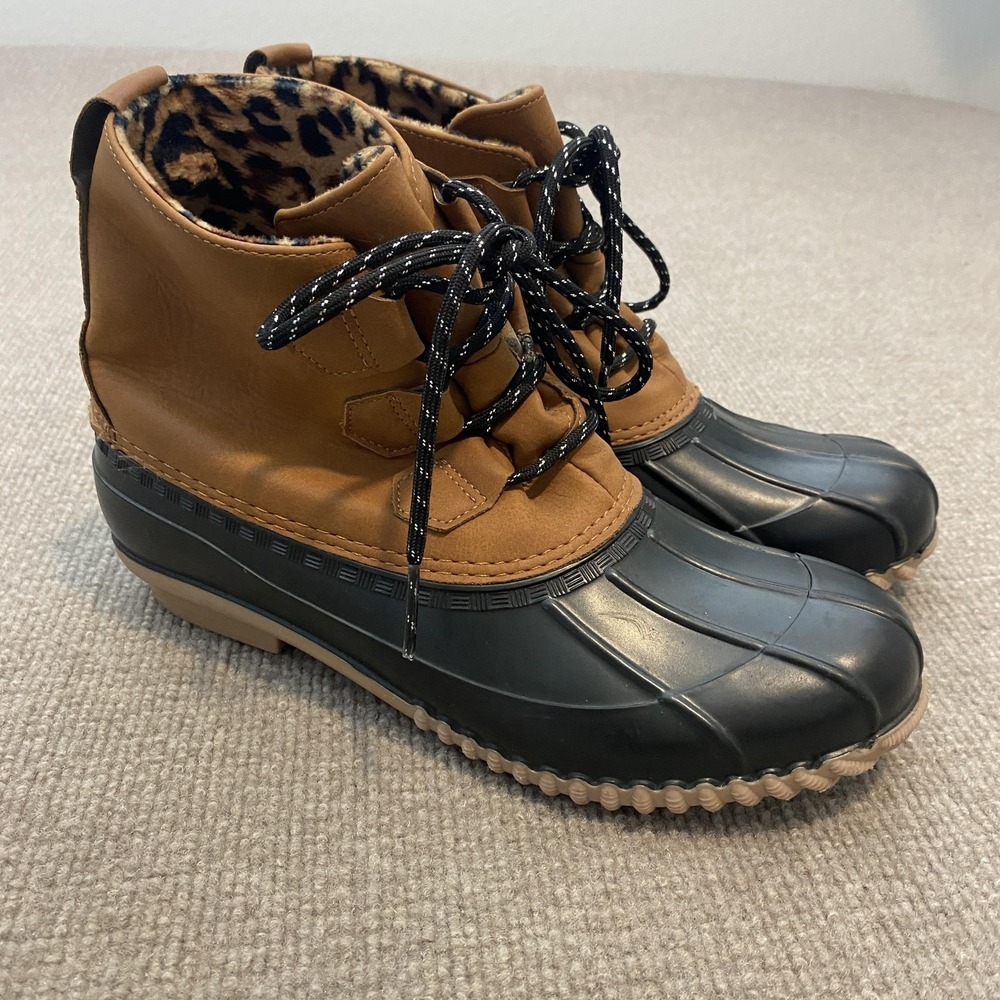 Magellan Snow Rain Boots Womens Size 9 Brown Duck Ankle Faux Fur Lace Up 163986